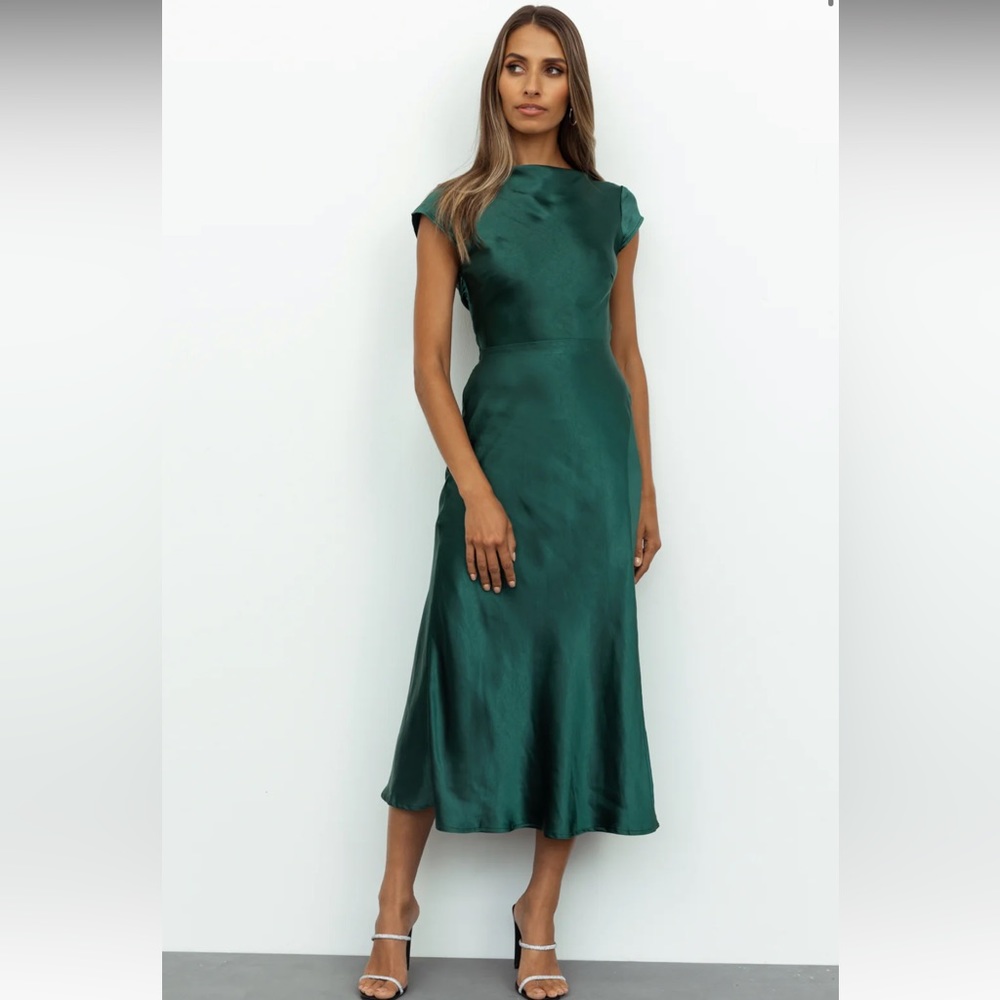 Hello Molly Get in Formation Green Satin Midi Dress